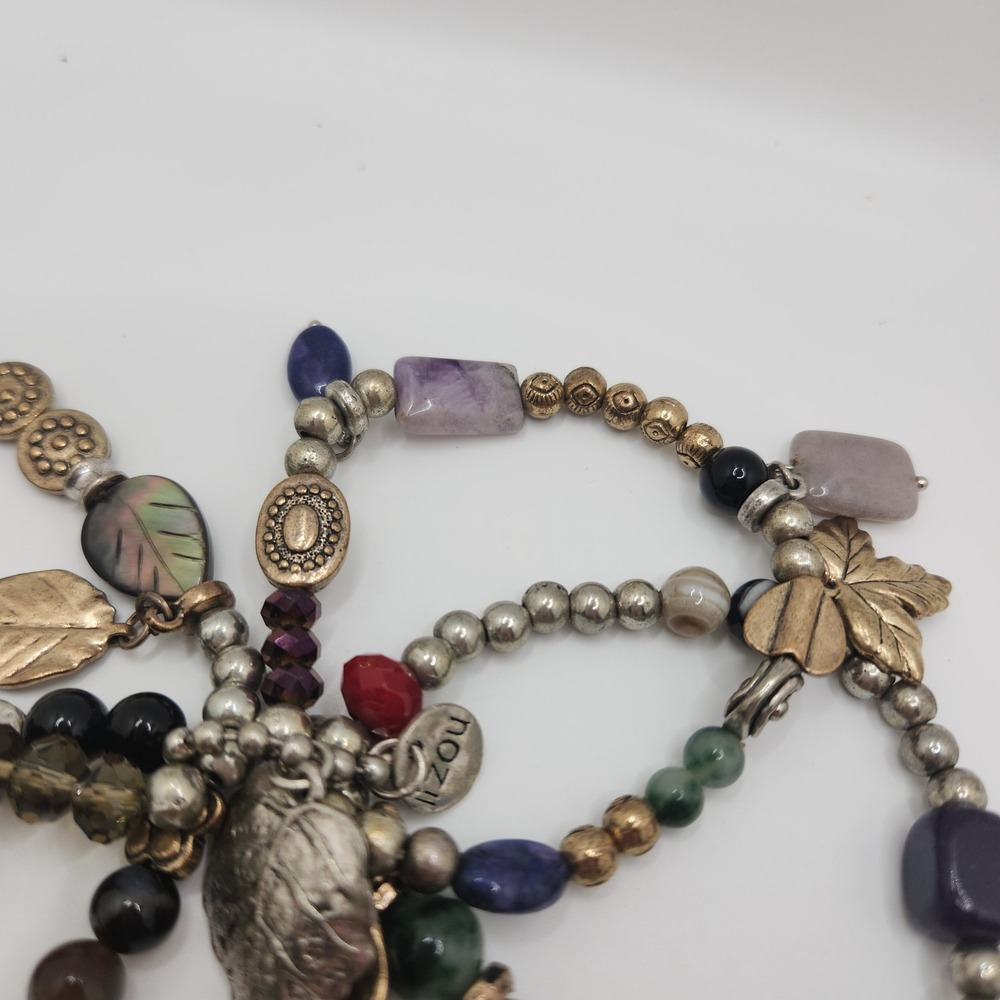 Boho Gemstones Glass Leaf Charms MOP 4 Stretch Bracelets Set Stackable Hippie - Picture 4 of 10